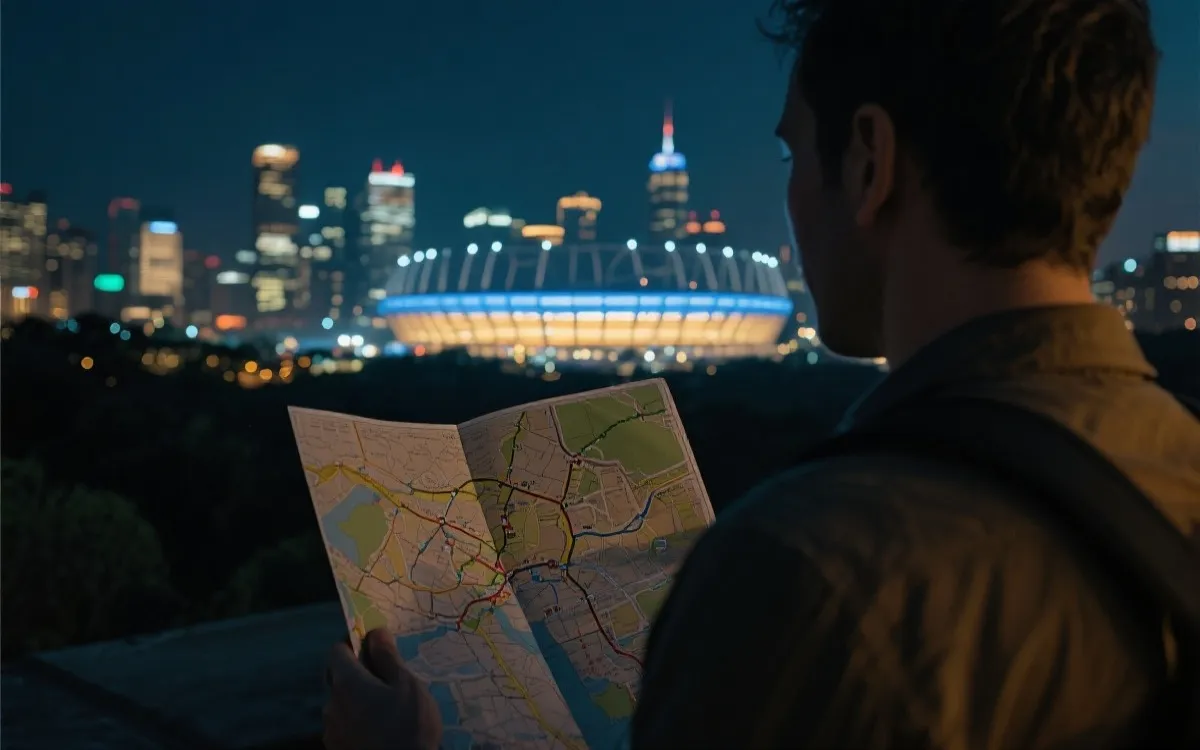 北美城市夜景与球场氛围，旅行者在地图上规划多城路线